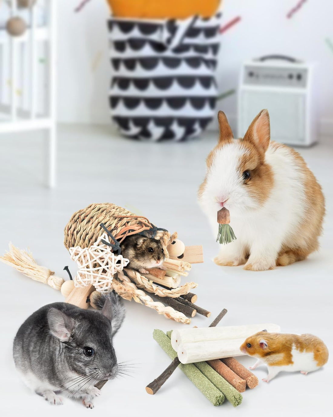 Bissap Bunny Chew Toys, Natural Seagrass Hanging Basket Chews Water