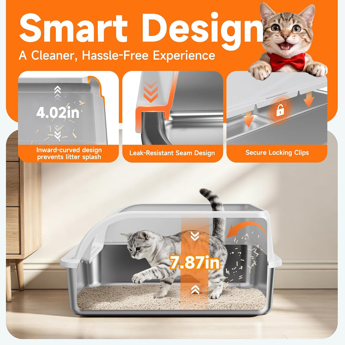OneBug Stainless Steel High Sides Cat Litter Box with Scoop
