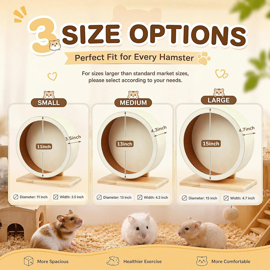 L, 11 Inch Wooden Silent Hamster Wheel with Water Bottle