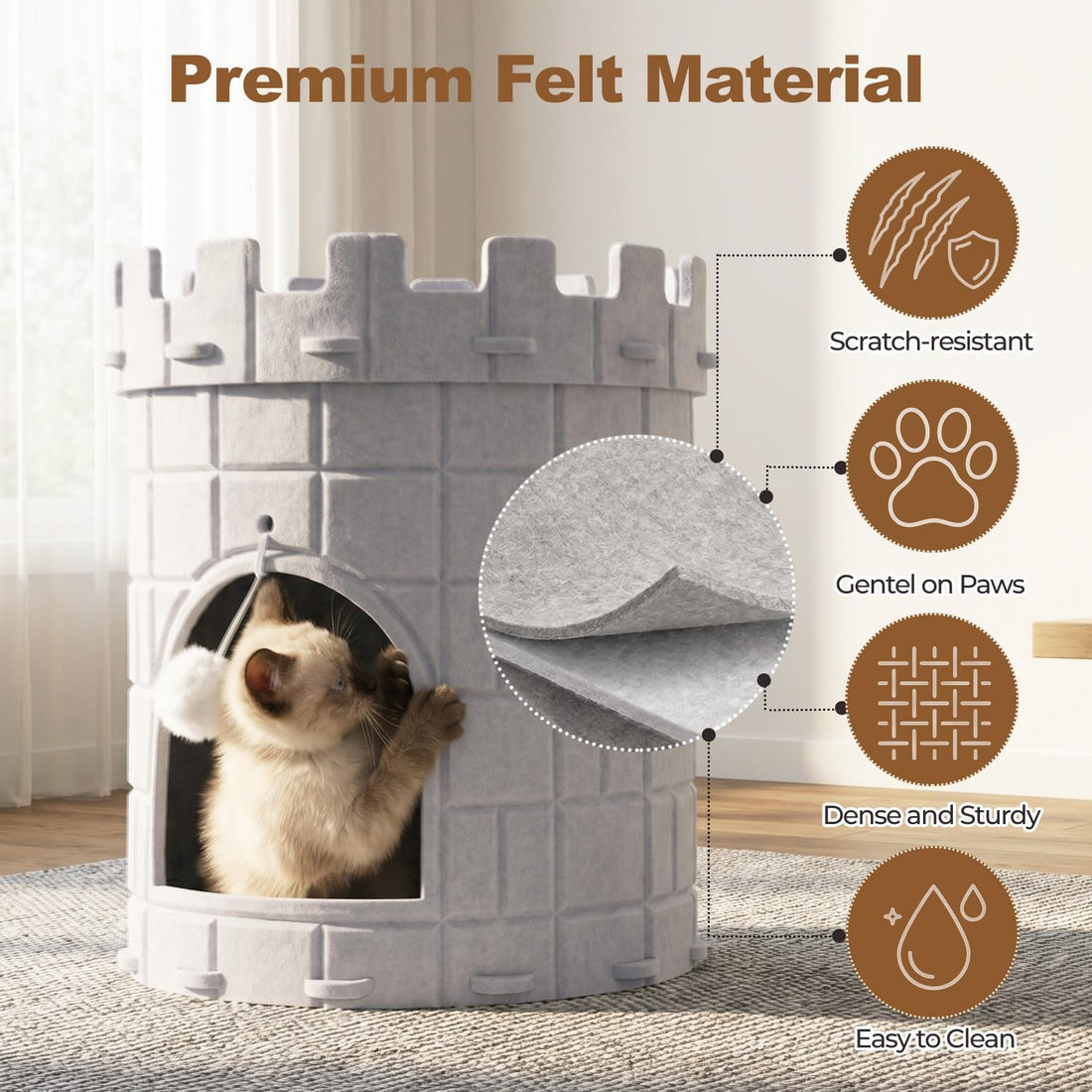 Cat Castle House for Indoor Cats, Felt Cat Cave with Fluffy Ball