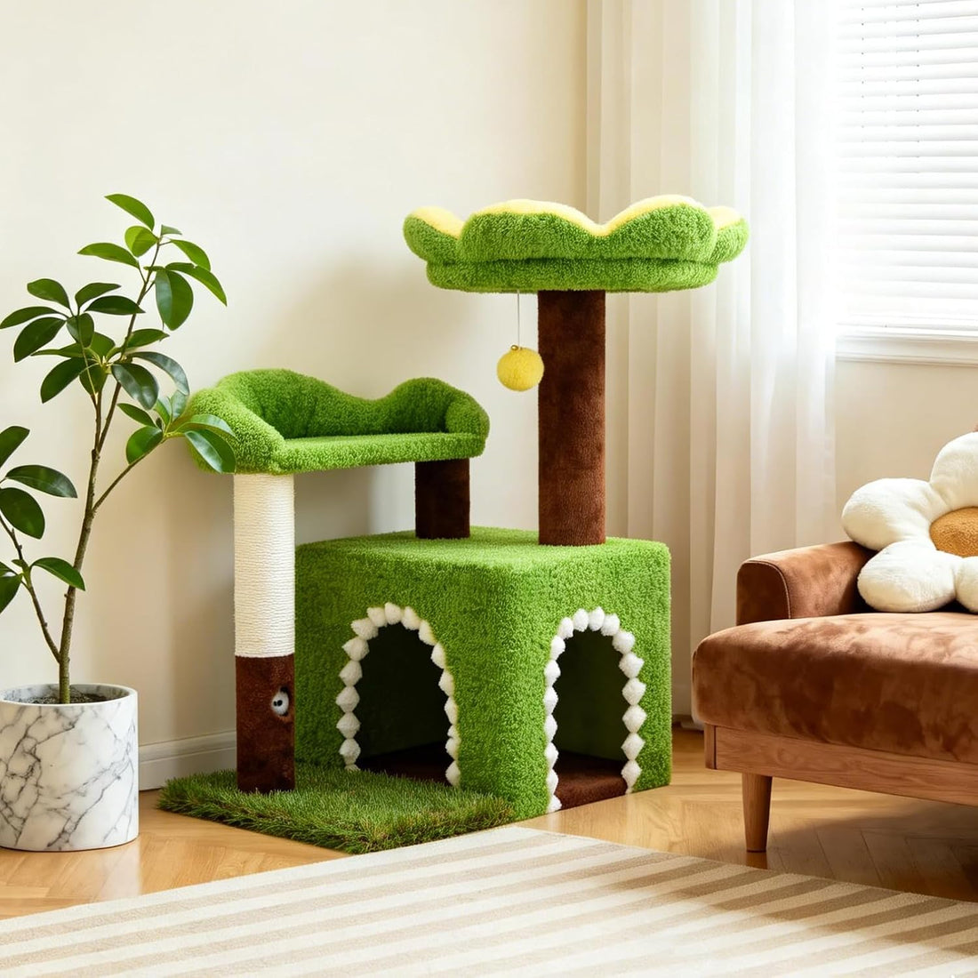 WOOCHPET Sunflower Short Cat Tree with Cat Scratching Posts Small Cat