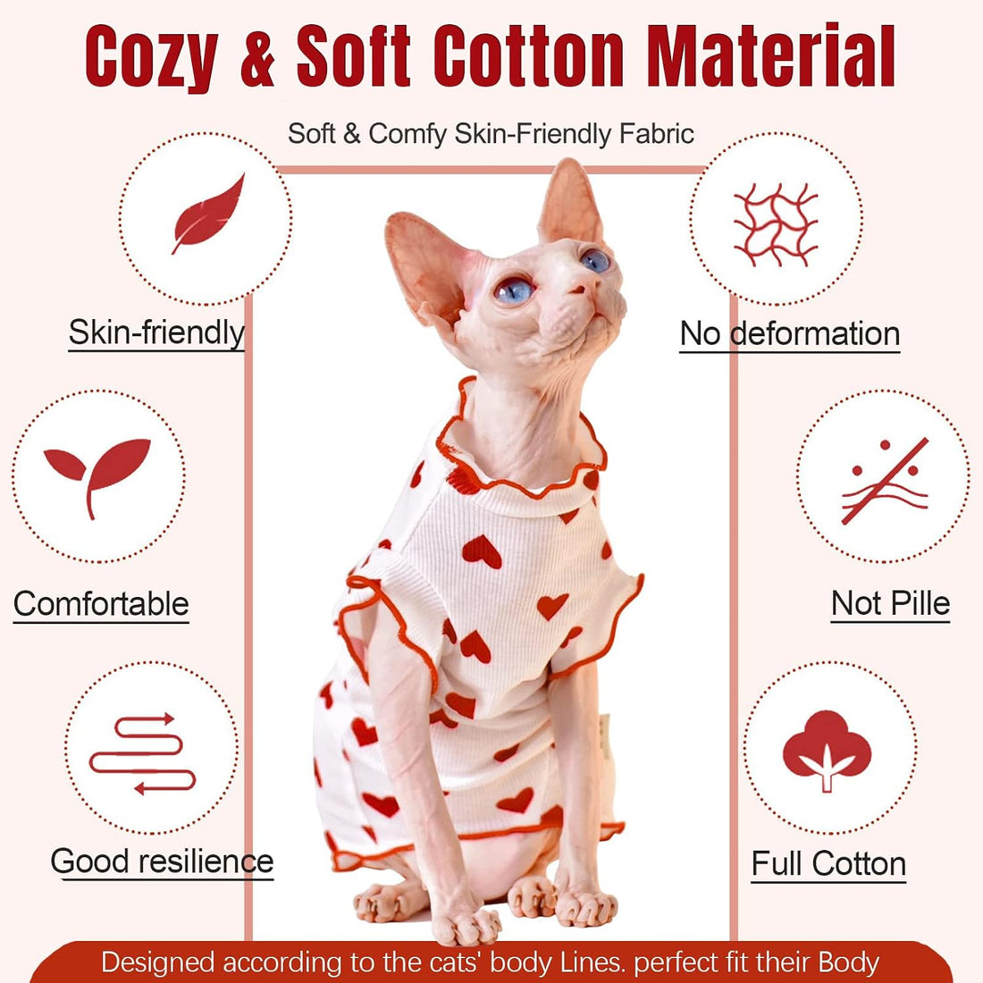 DENTRUN Heart Pattern Sphynx Hairless Cats Shirt