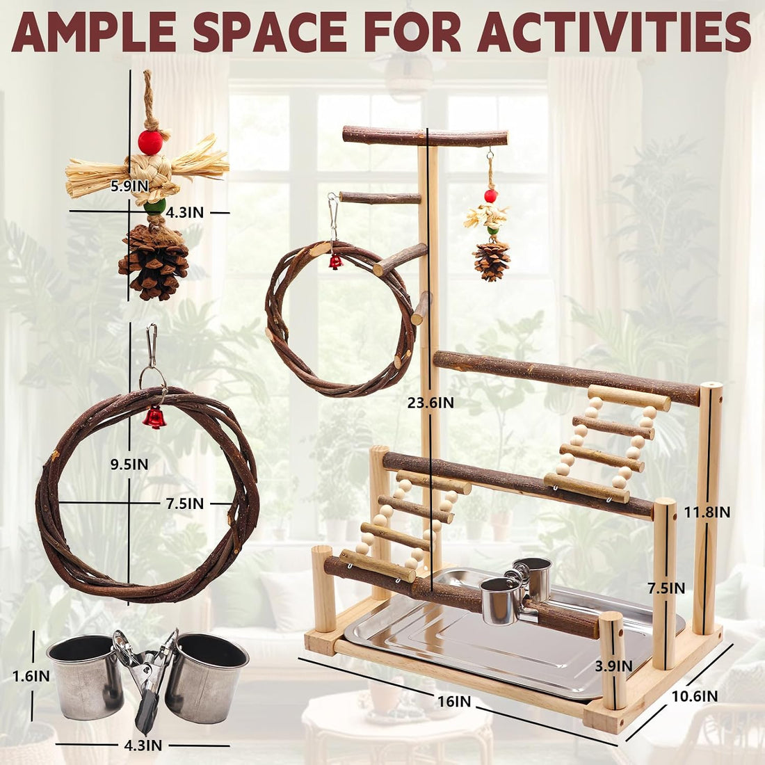 Bird Playground, Natural Wooden Parrot Stand Suitable for Small