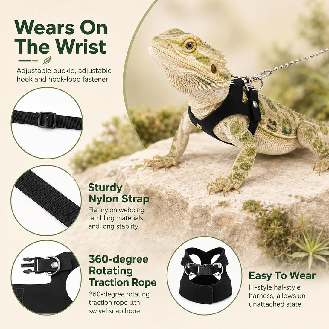 3size Bearded Dragon Harness and Leash Set Escape Proof Vest