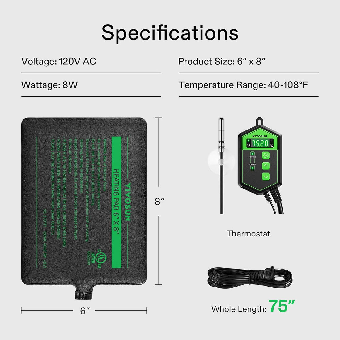 VIVOSUN Reptile Heating Pad 6x8 Inch with Thermostat Combo