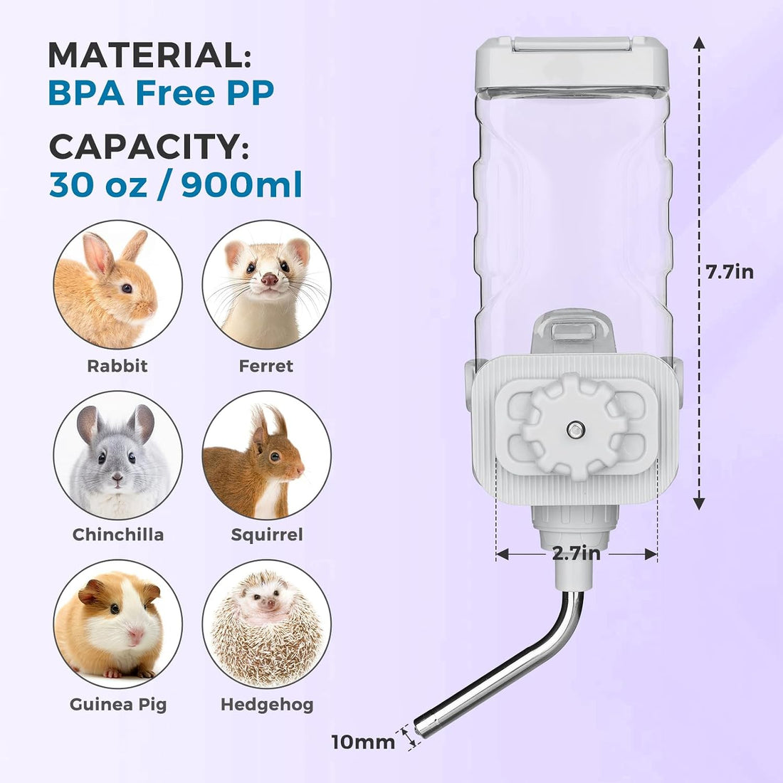 Vannon 30oz Small Pet Water Bottle for Cage with Top Fill Design, Grey