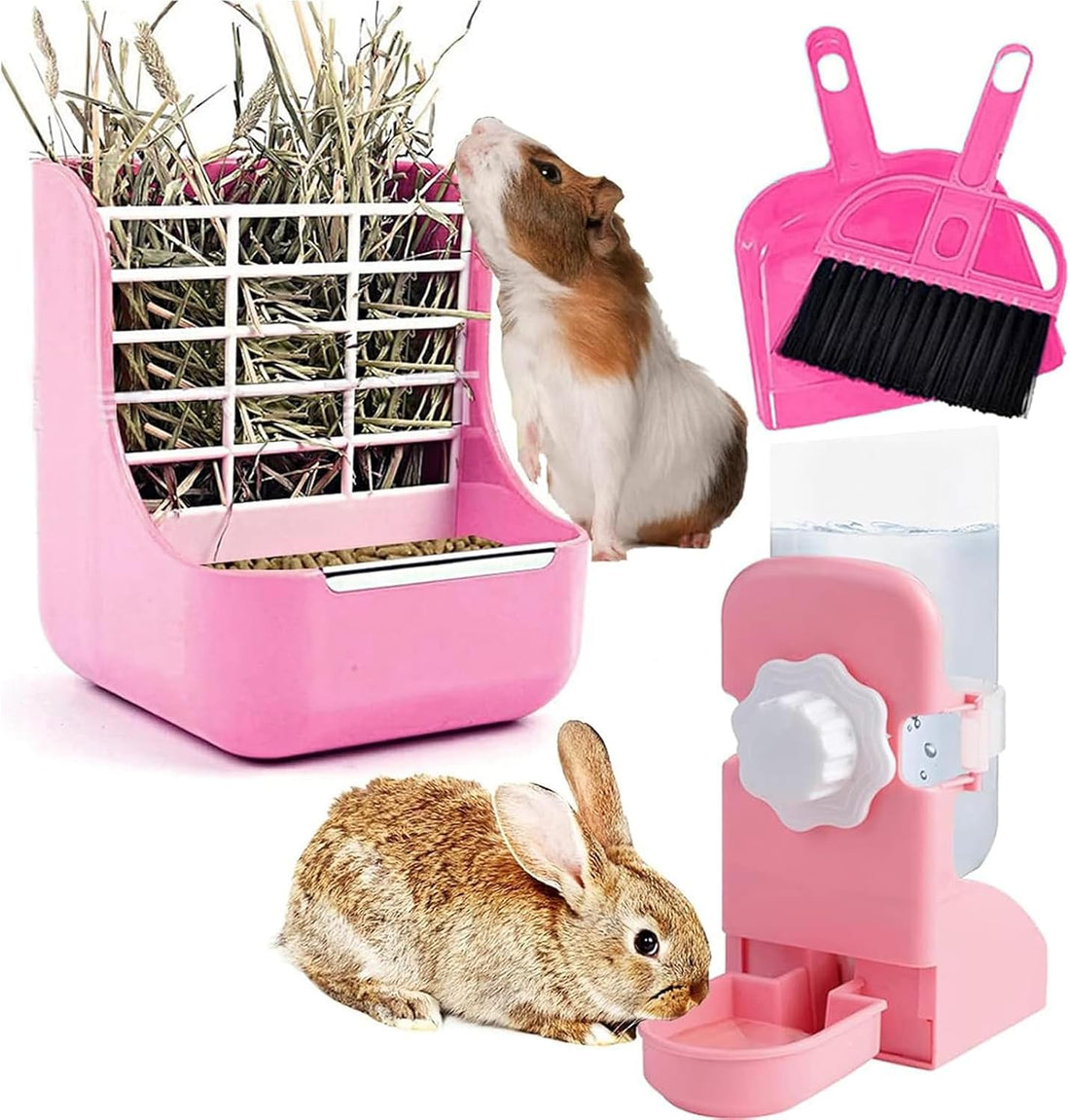 HERCOCCI Rabbit Hay Food Bin Feeder and Bunny Water Bottle Set