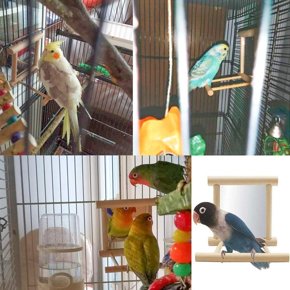 Hamiledyi Bird Mirror Parakeet Mirror Perch Stand Wooden Swing Mirror