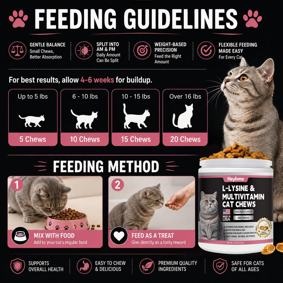 L-Lysine for Cats, 600 Chews Cat Immune Support, Cat Multivitamin