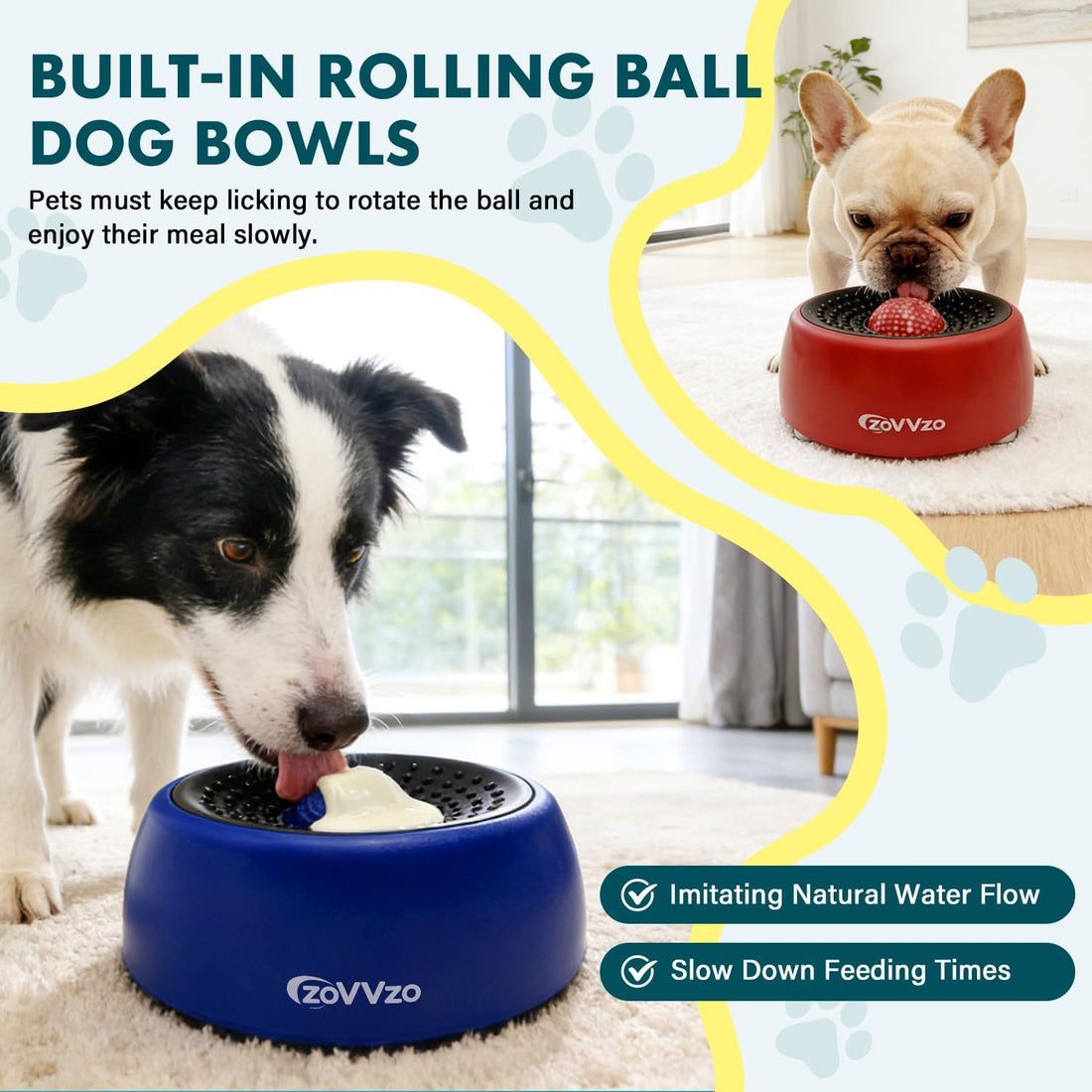 Dog Bowls, Slow Feeder Dog Bowls with Rolling Ball, Non-Slip Base