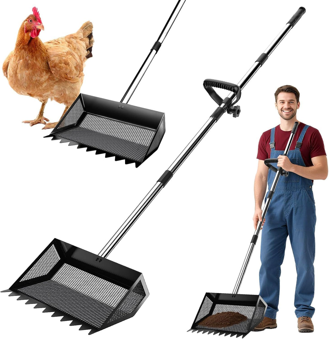 Chicken Poop Scooper Rake 2-in-1,304 Stainless Steel Shovel Head