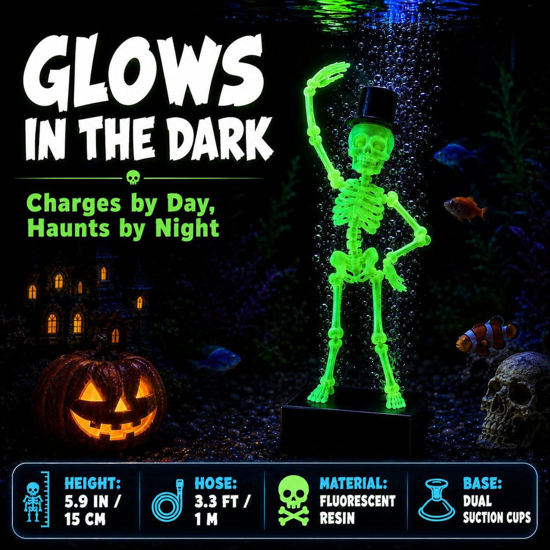 Fluorescent Green Dancing Skeleton Aquarium Bubbler with 3.3 ft Hose