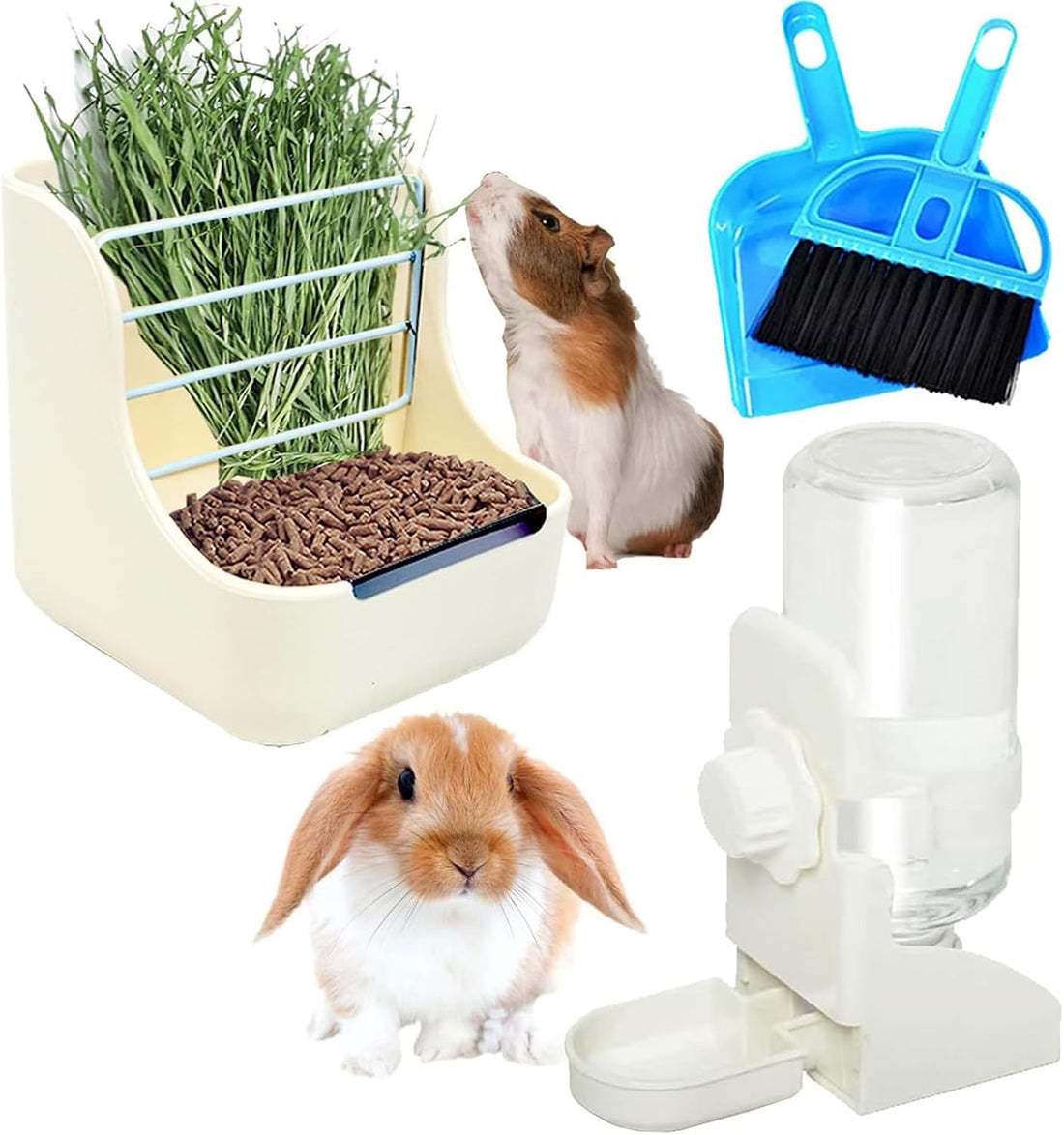 HERCOCCI Rabbit Hay Food Bin Feeder and Bunny Water Bottle Set