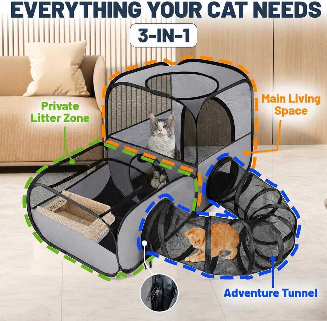 Cat Playpen with Tunnel, Foldable Indoor & Outdoor Cat Enclosure