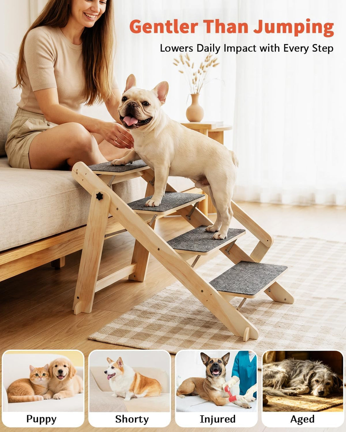 Woodure Foldable Dog Stairs, Convertible 4-Step Wooden Dog Ramp