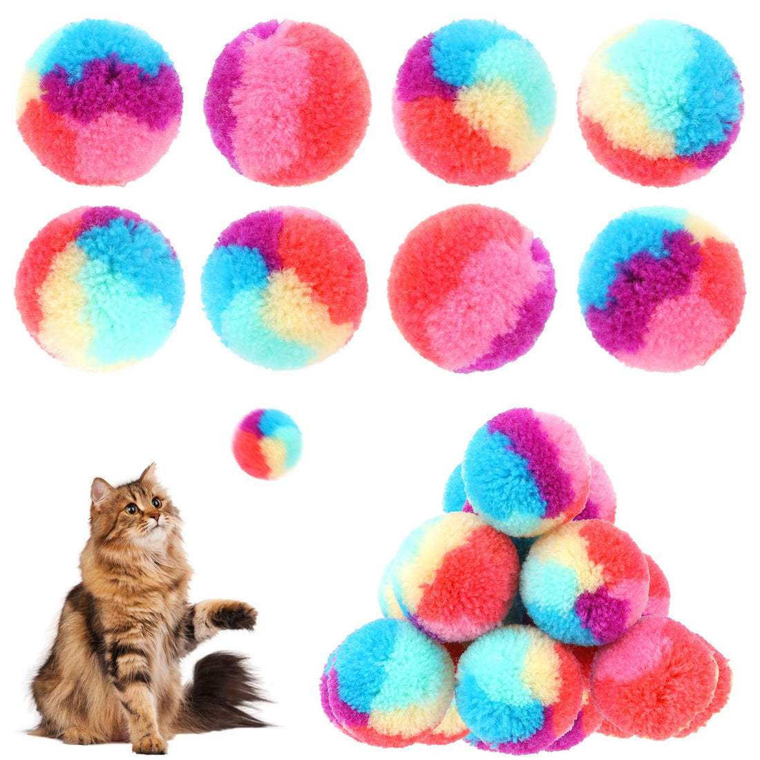 KALIONE 30 Pcs Soft Plush Cat Ball 1.2-inch Rainbow Cat Toy Balls