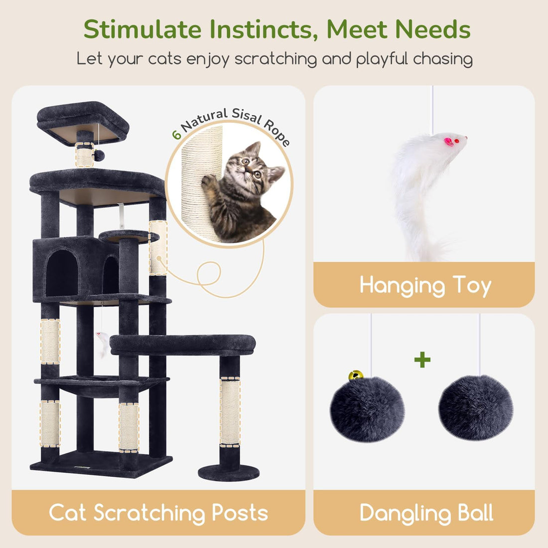 Globlazer 65in Sturdy Cat Tree Tower for Indoor Large Cats, S65