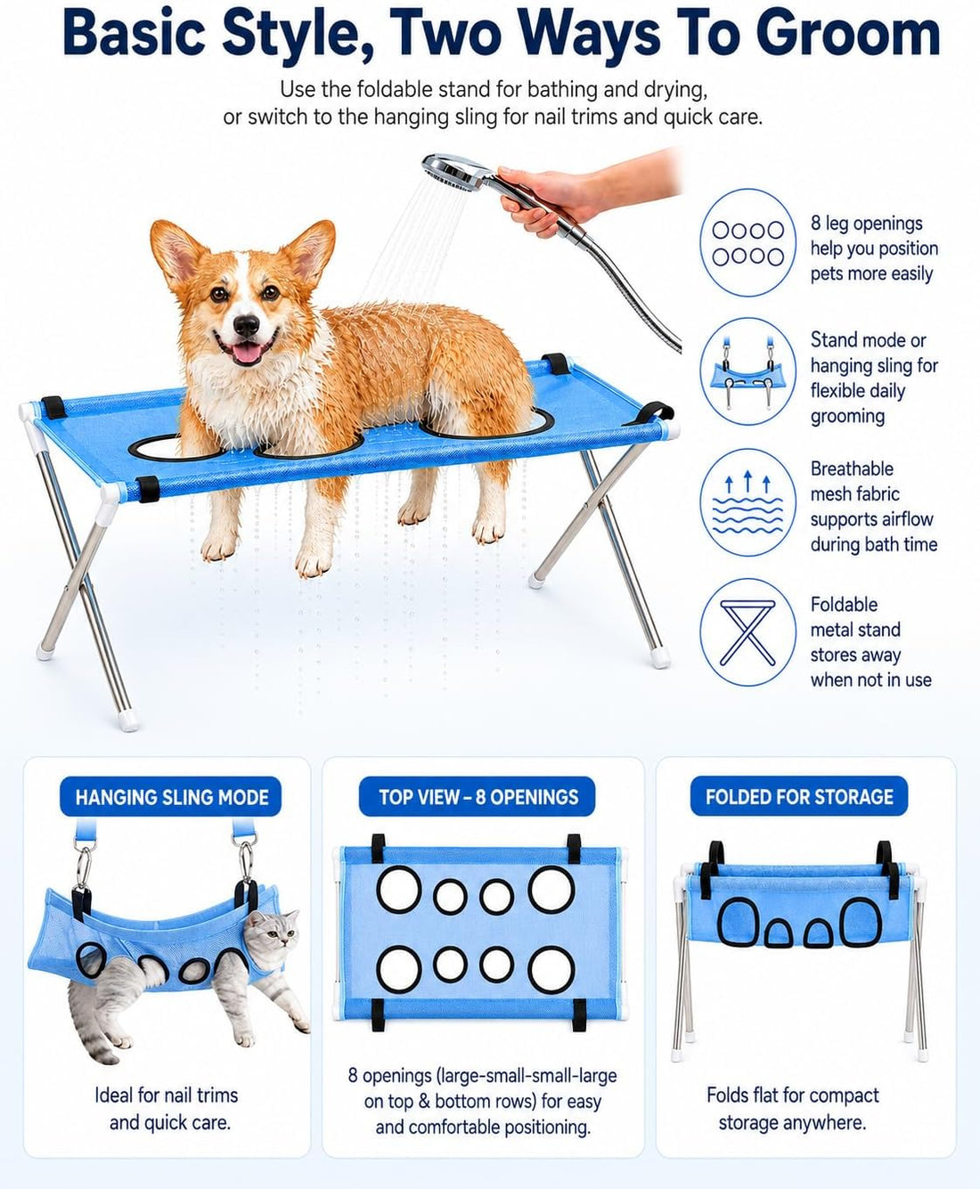 Dog Grooming Hammock Stand, Foldable Dog Bath Holder Sling Shower