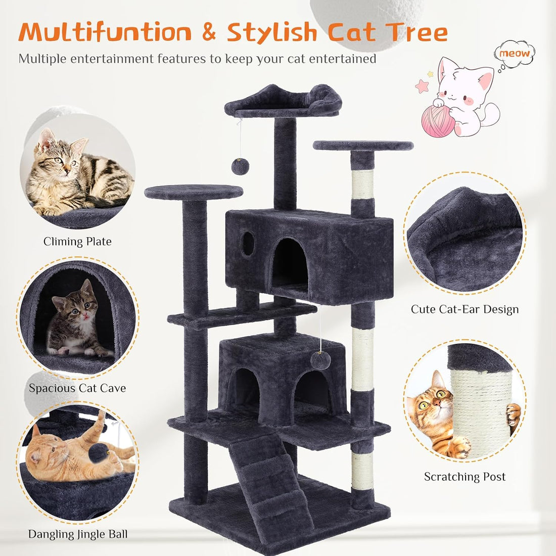 54 Inch Cat Tree Tower with Sisal Scratching Posts, Multi-Level