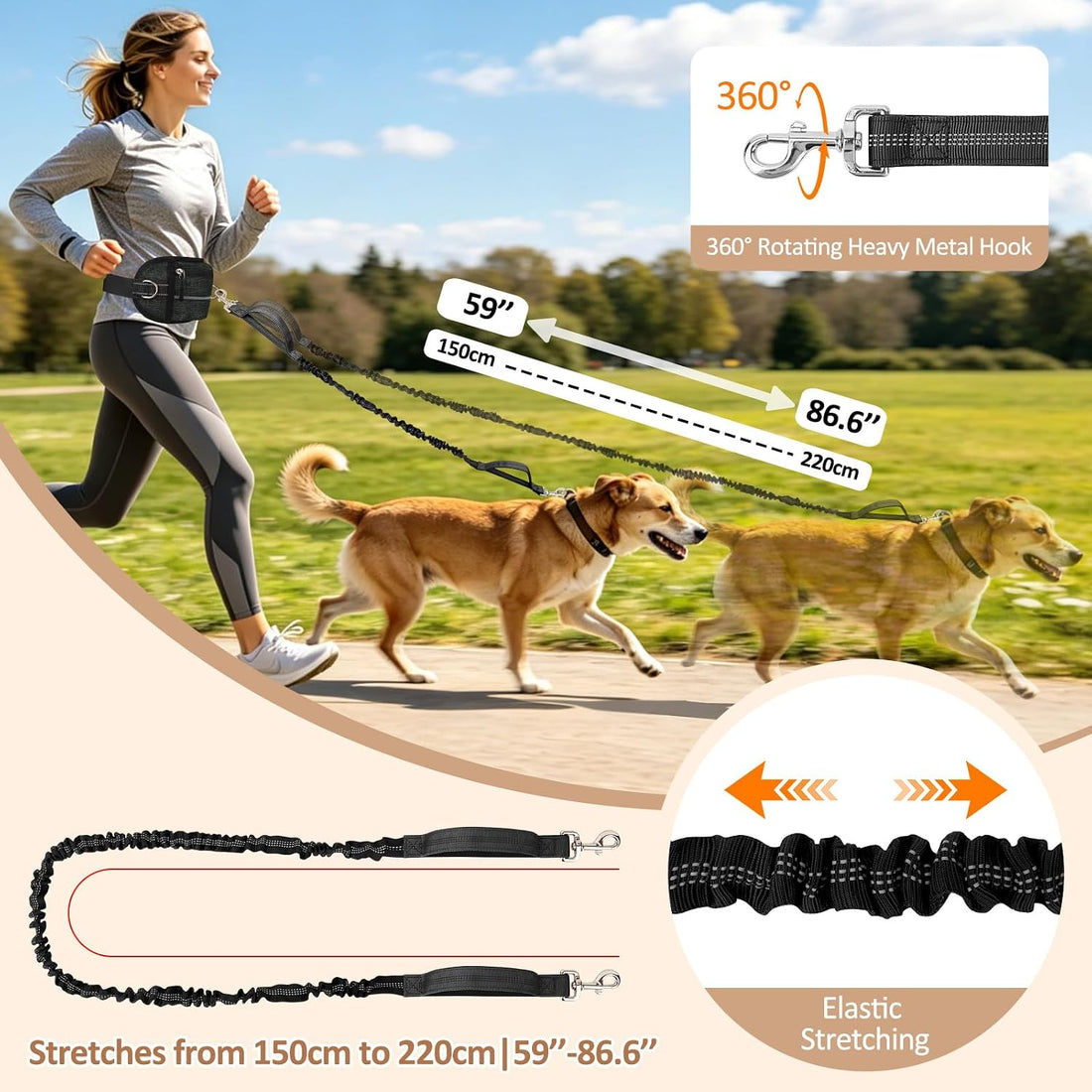 Hands Free Dog Leash with Waist Bag Bungee, Medium/Large, 25-120 lbs