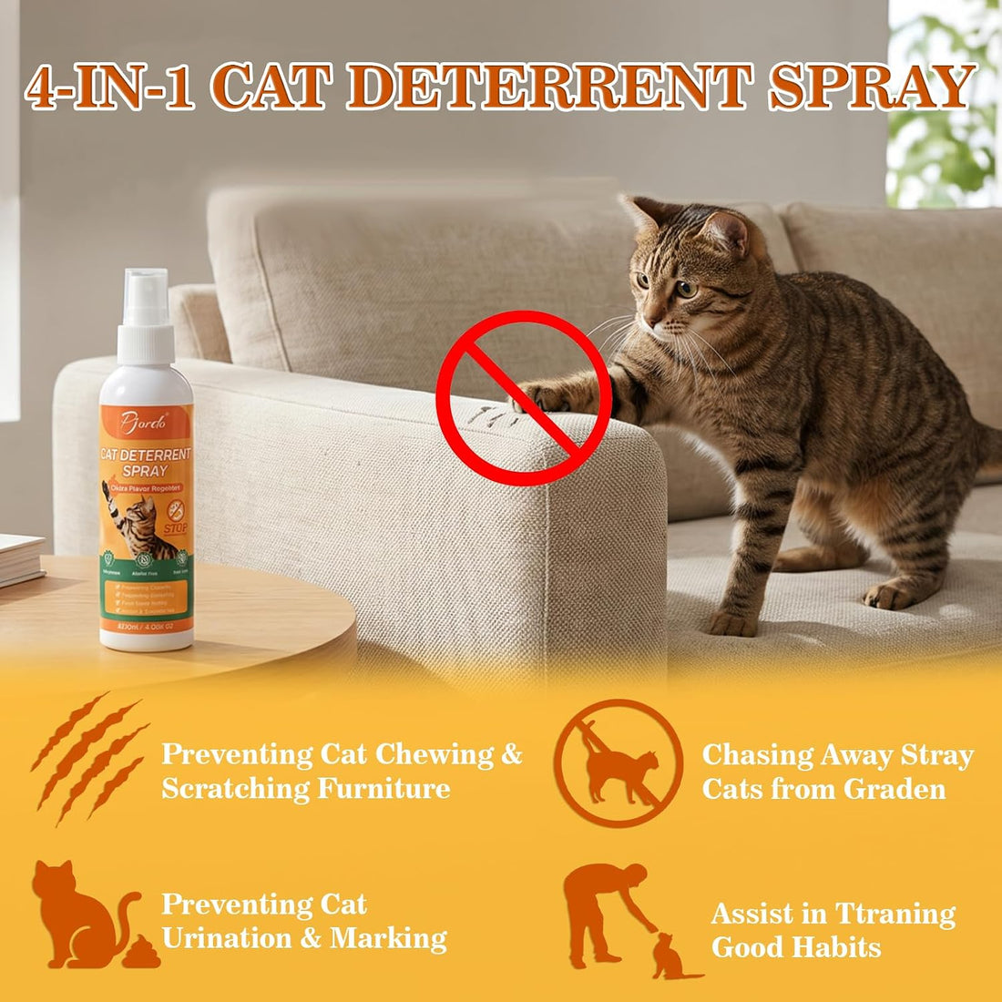 Pjordo Citrus Scent Cat Deterrent Spray, Stop Cat Chewing & Scratching