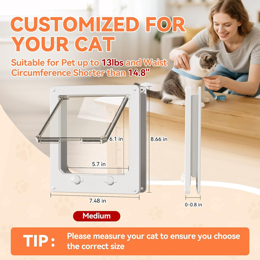 LIBBEPET Thin Interior Cat Door, 4 Way Locking Flap for Cats ≤18 lbs