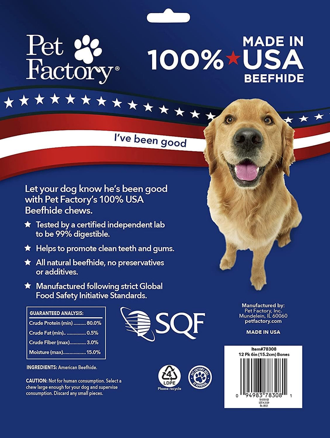 Pet Factory 100% Made in USA Beefhide 6" Knotted Bones Dog Chew Treats