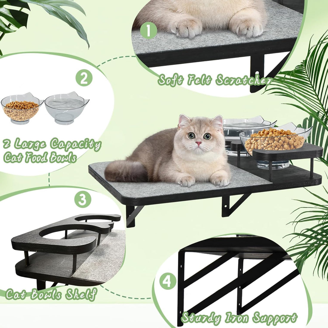 Cat Wall Shelves Furniture Set with 2 Food Bowls