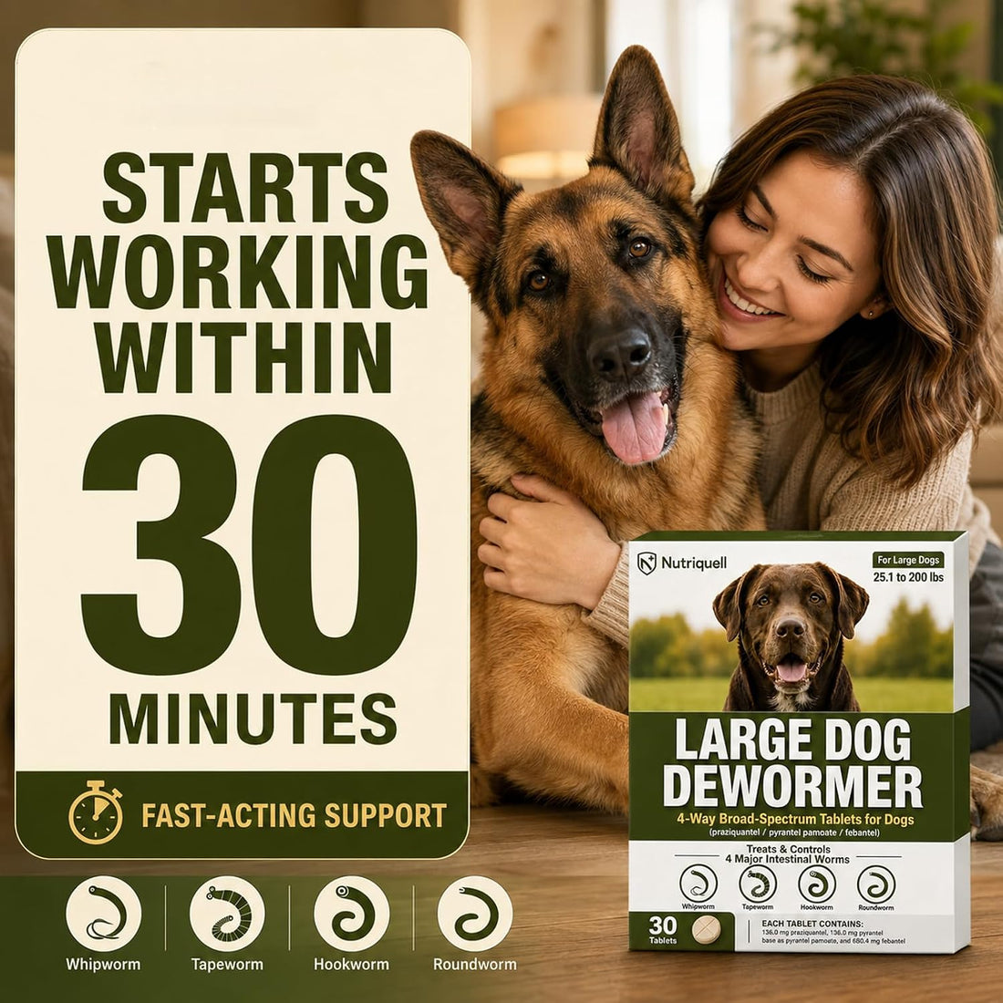 Dewormer for Dogs, Medium and Large Dog Dewormer, 4-Way Tablets