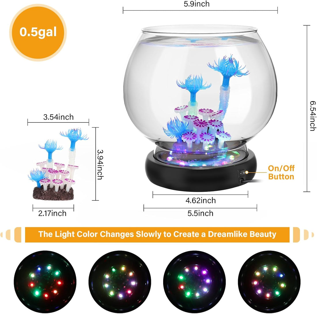 hygger 0.5 Gallon/1 Gallon Glass Fish Bowl with LED Light and Decor