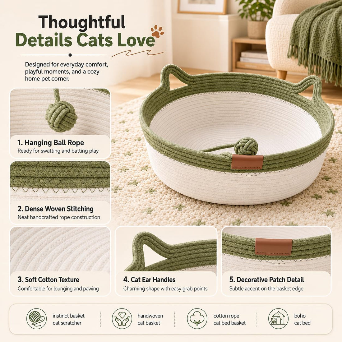 Instinct Basket for Cats - Stimuli Handwoven Cotton Rope Enrichment