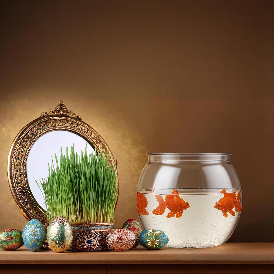Bokon 4 pcs Include 16 oz Plastic Oval Fish Bowl with 3 Fake Goldfish
