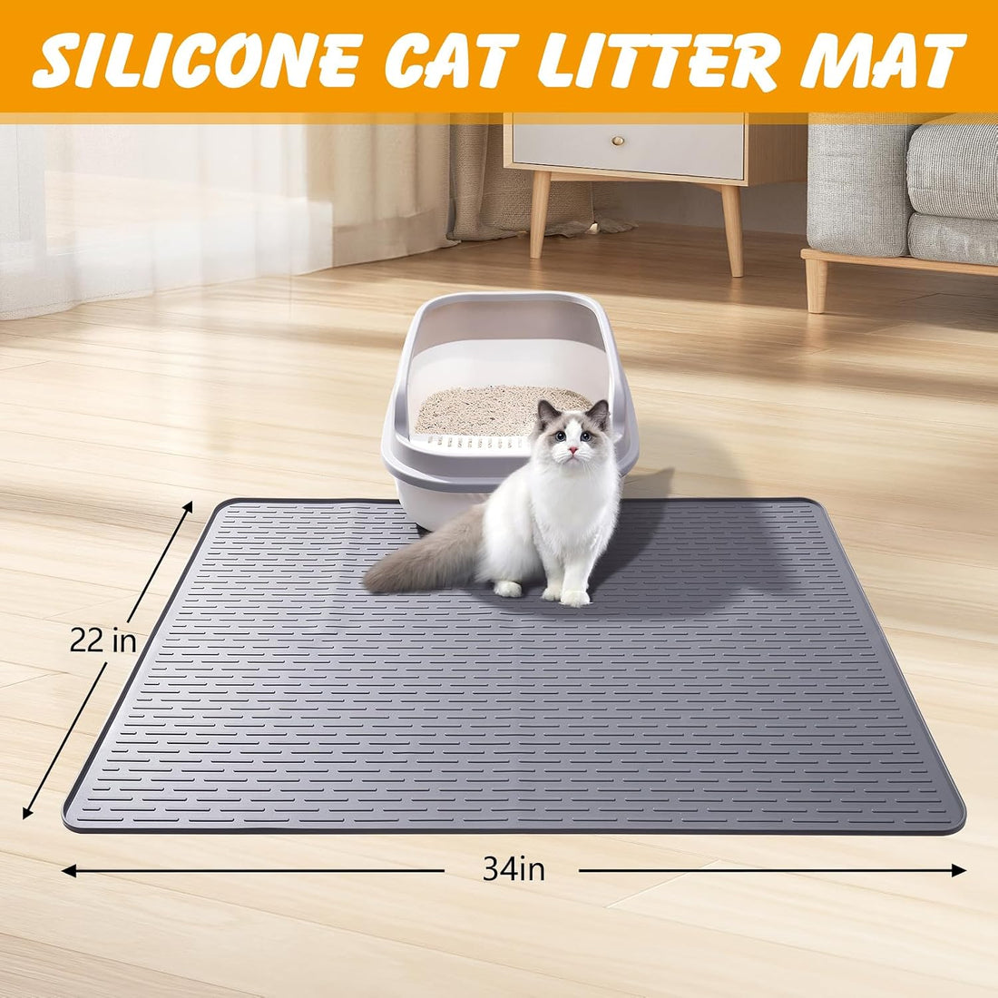 Silicone Cat Litter Mat, Waterproof, Raised Edge, 28 x 20 in, Gray