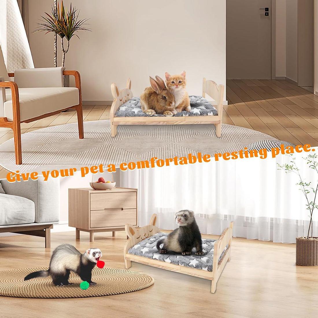 BWOGUE Large Wooden Rabbit Bed, Bunny Bed with Removable Cushion
