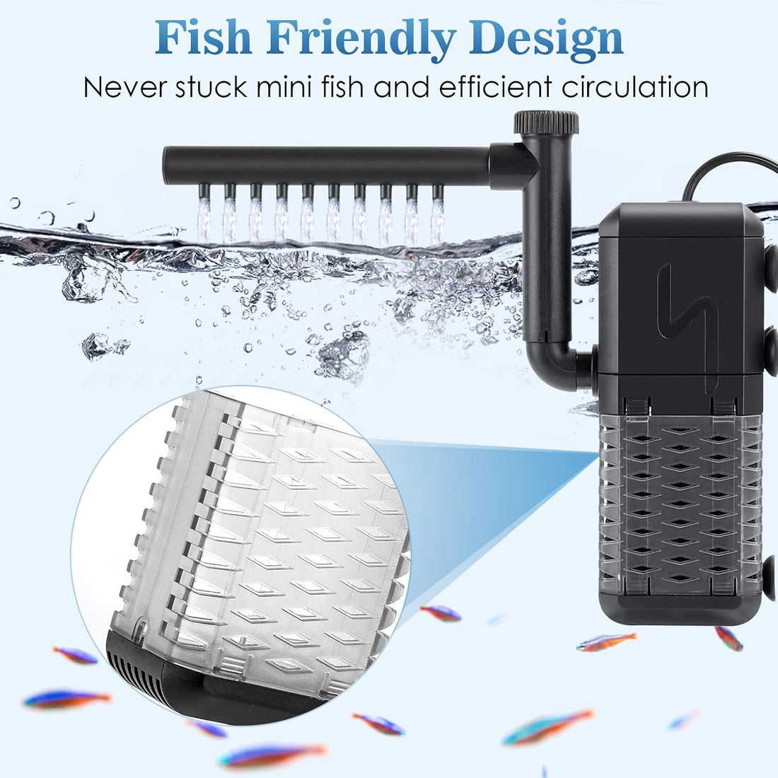 AQQA Submersible Aquarium Filter, Adjustable Flow with Aeration System
