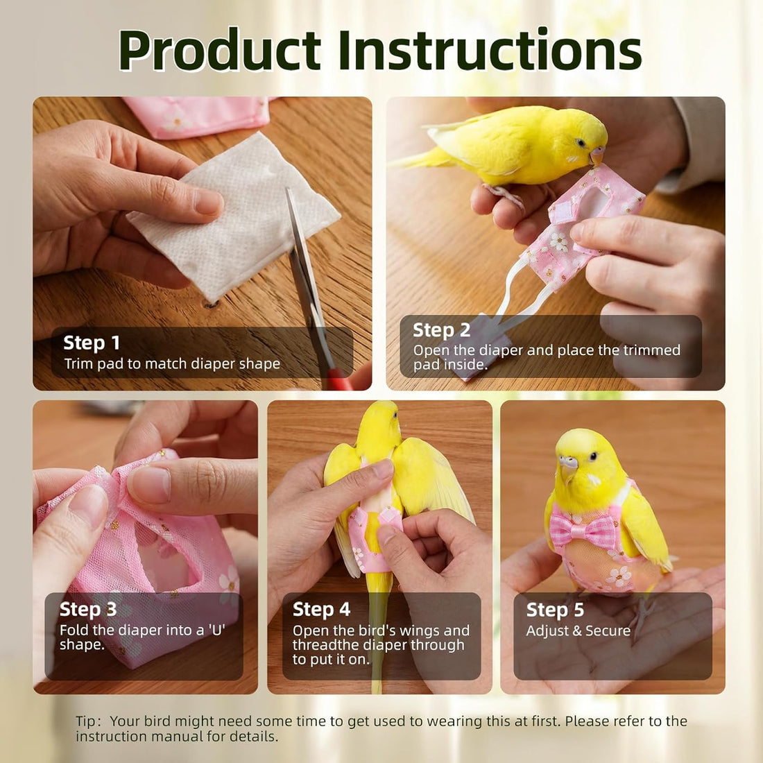 9 Pcs Reusable Bird Diaper, Cute Parrot Flight Suit with Leash