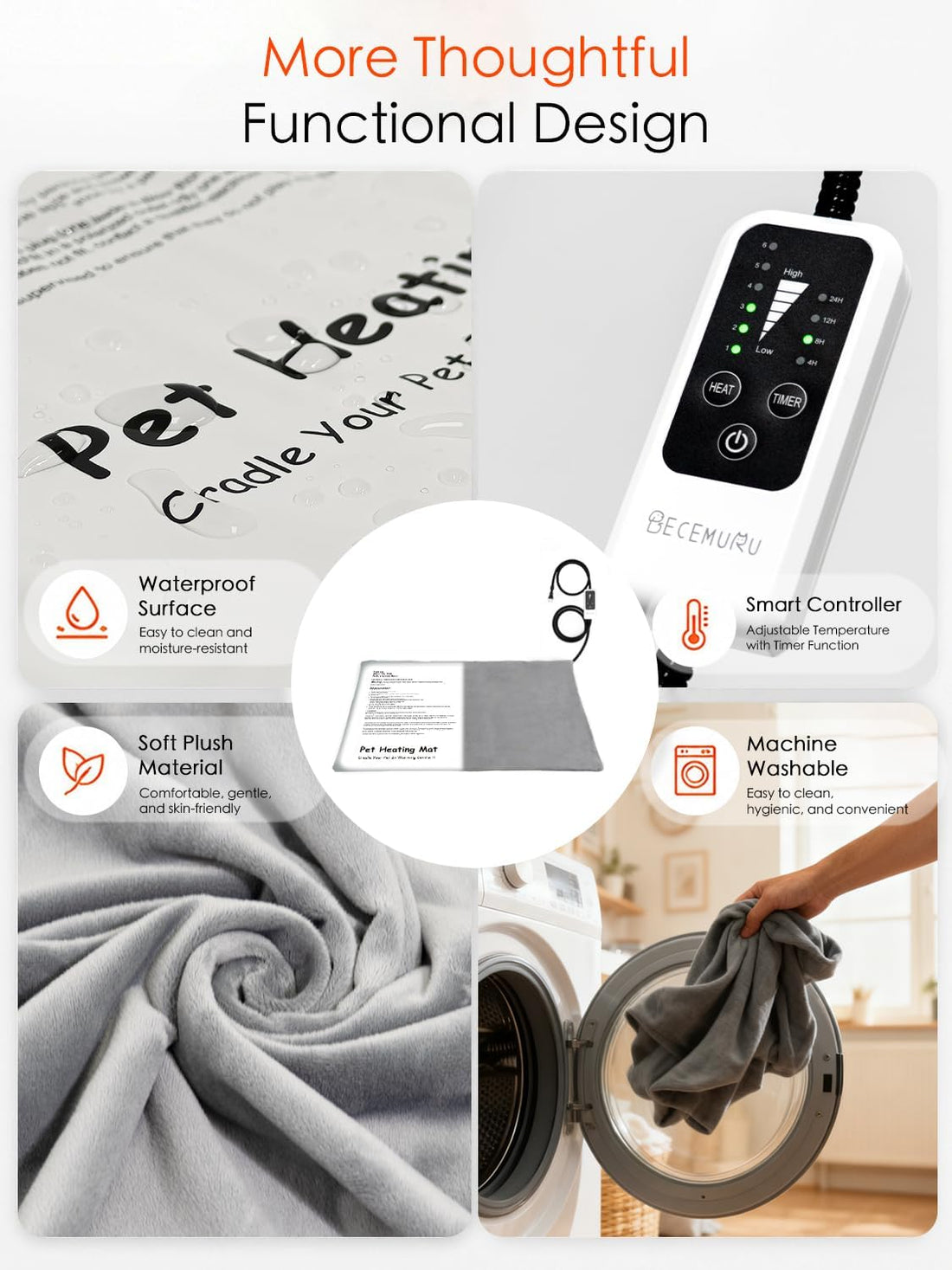BECEMURU Pet Heating Pad for Large Dogs, Electric Heated Dog Bed, Gray