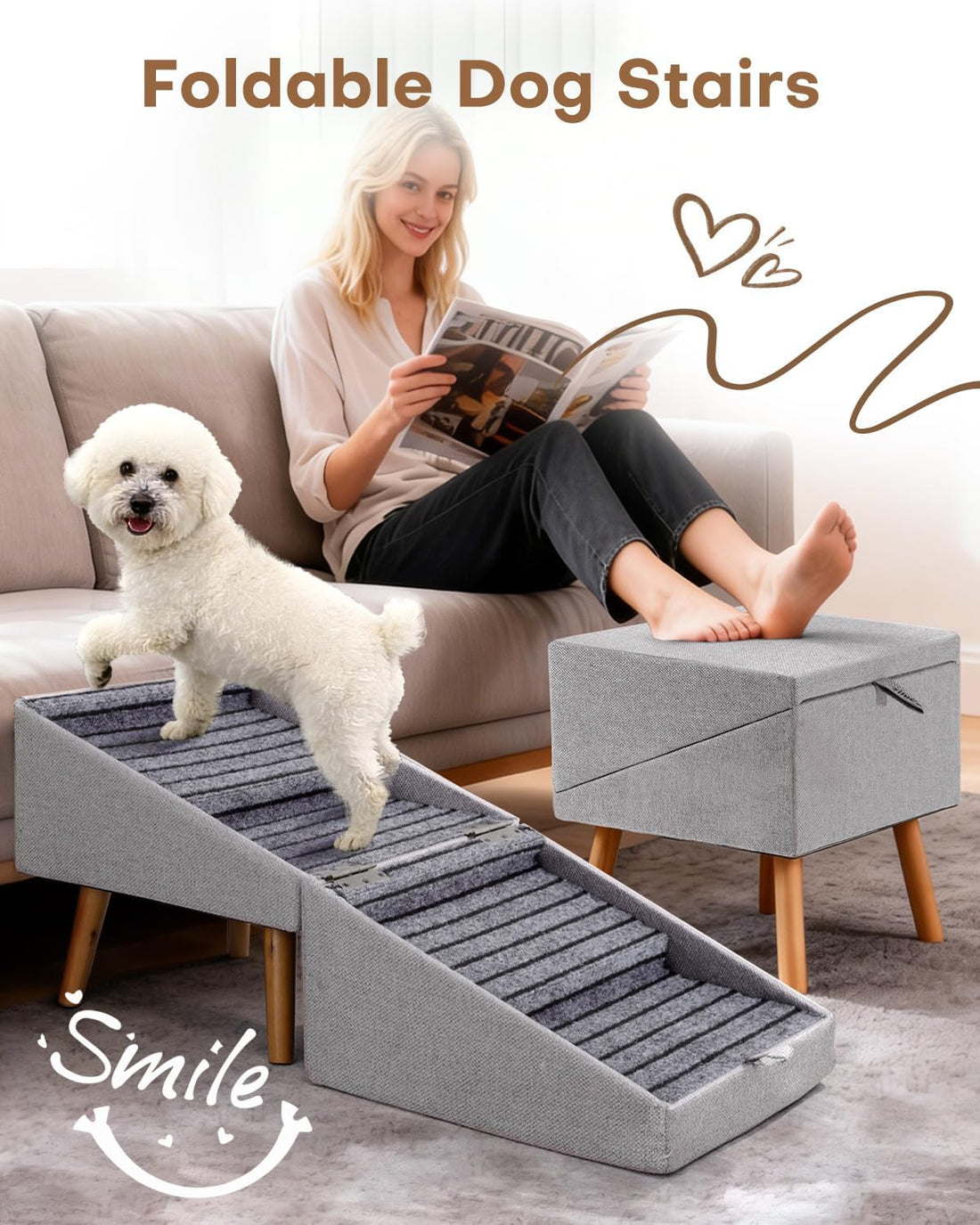 17" H Split Ottoman Dog Ramp for Couch