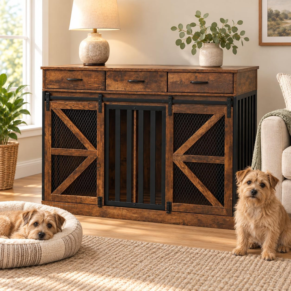 kepptory Furniture Dog Crate for Medium or 2 Small Dogs, Wooden Kennel
