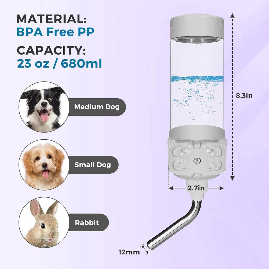 VANNON Hanging Water Bottle for Cage, 23oz Pet Water Dispenser, Grey