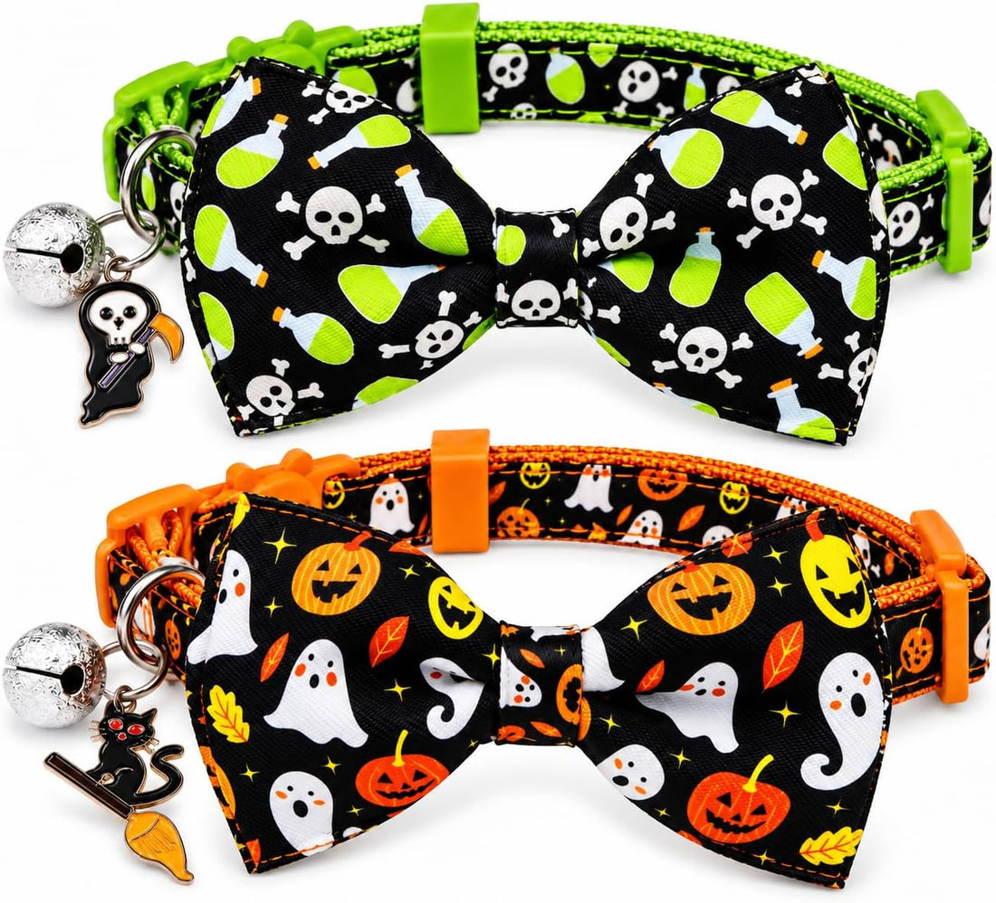 Halloween Cat Collar 2 Pack, Adjustable Breakaway, Bow Ties & Bells