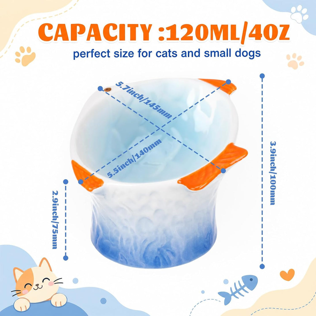 Tioncy 2 Pcs Raised Tilted Ceramic Cat Food Bowl Fish Shape Cute
