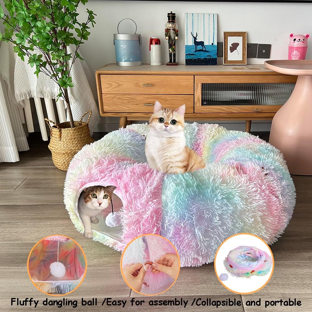 Fuzzy Cat Tunnel Bed for Indoor Cats, 2-in-1 Interactive Cat Toys