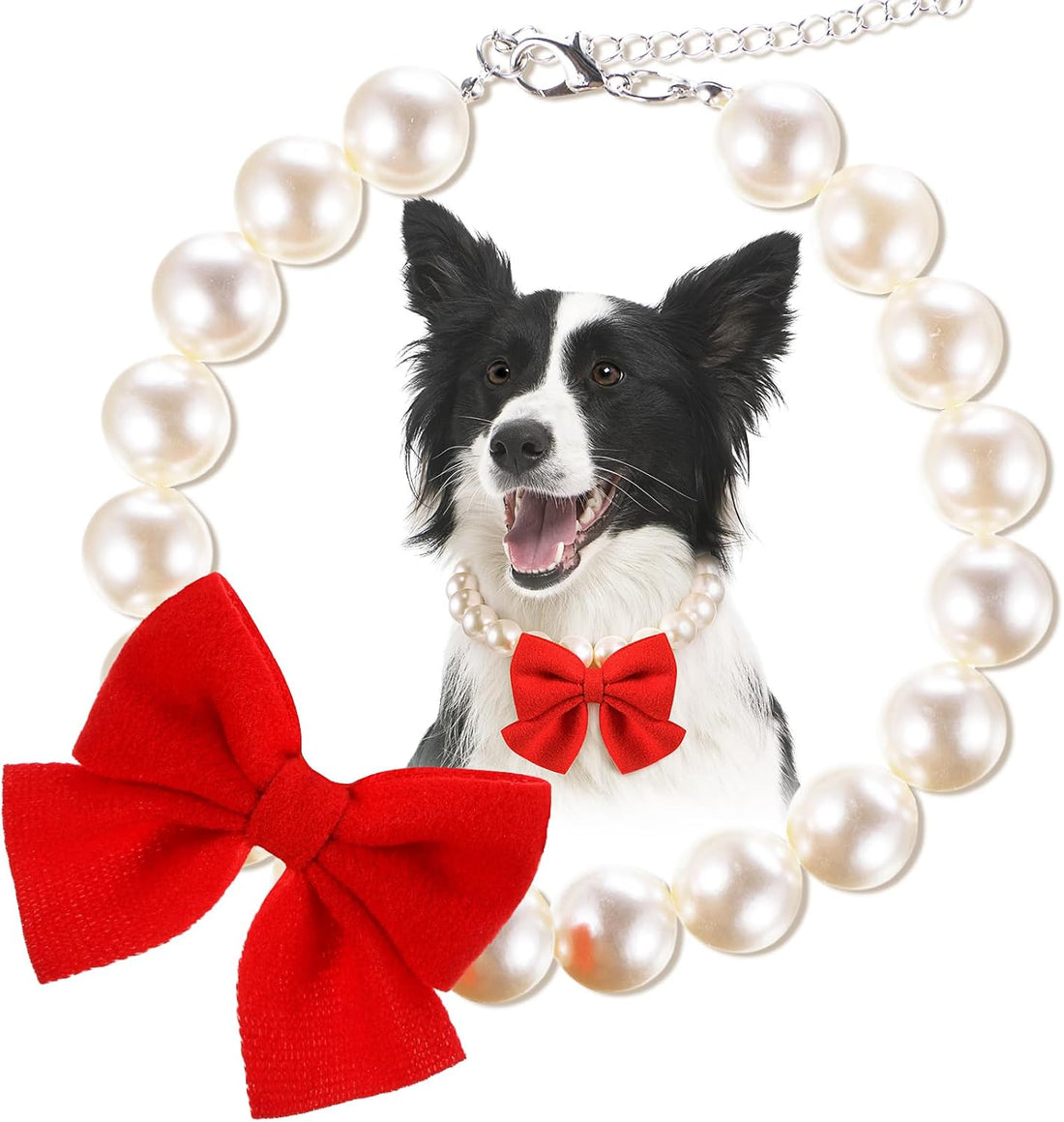 LEIFIDE Christmas Chunky Pearl Dog Necklace with Red Bow