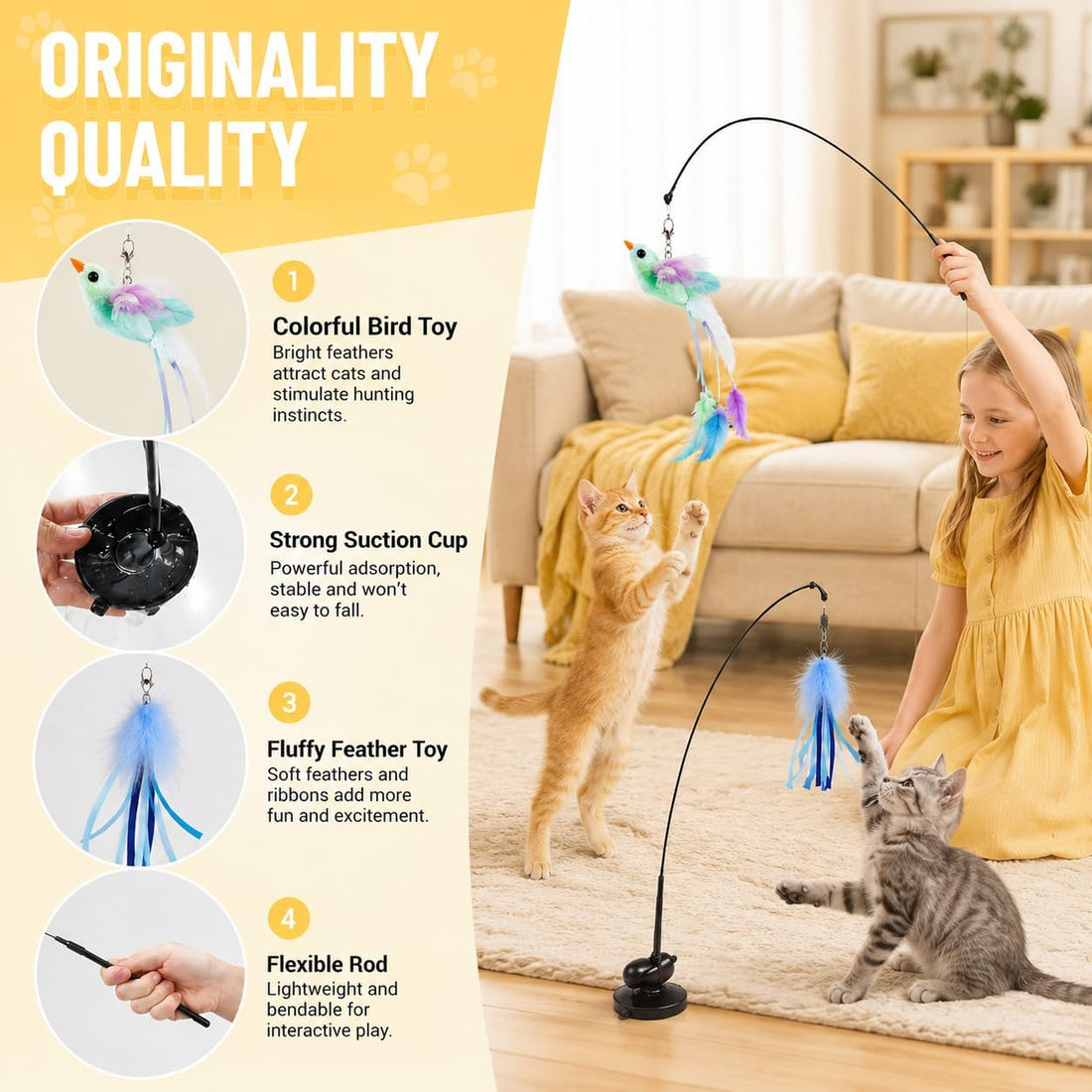 Interactive Cat Wand Toys, 2 Wands with 3 Feather Refills for Indoor