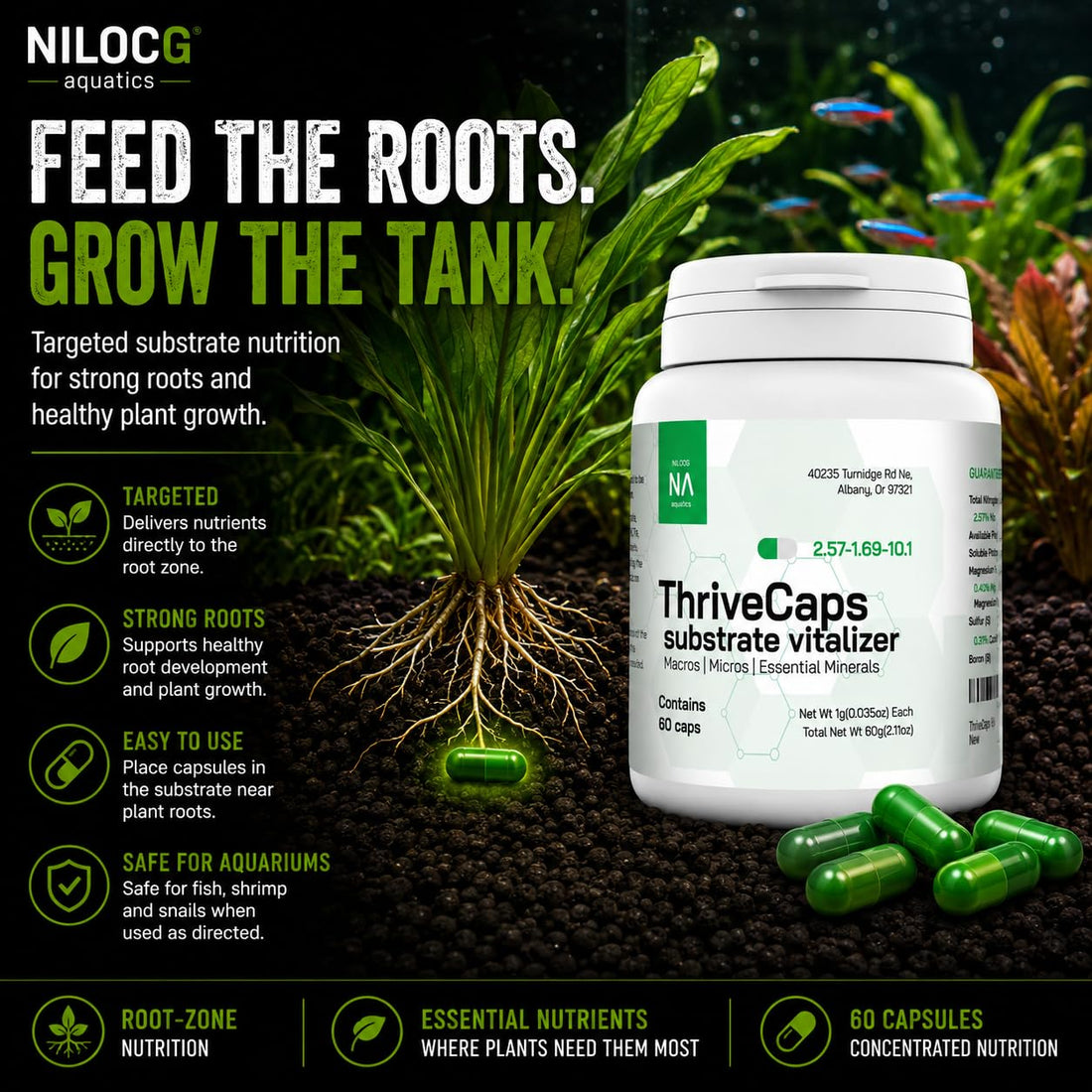 NilocG ThriveCaps Aquarium Root Fertilizer for Planted Tanks, 60 Caps