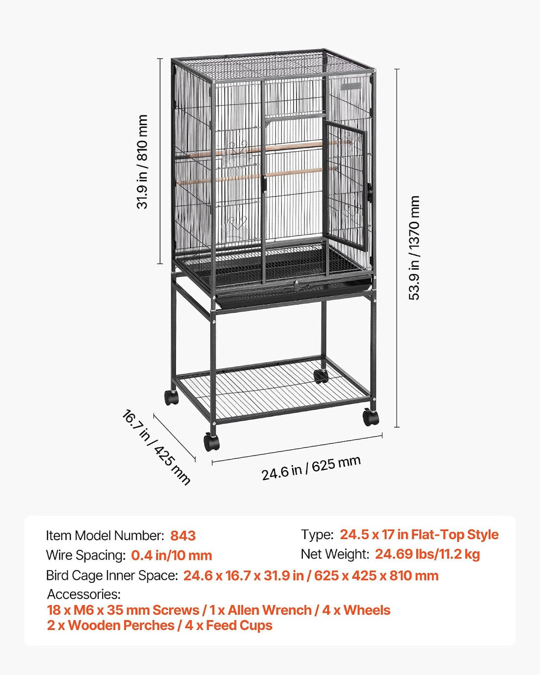 VEVOR Bird Cage, 24.6 x 16.7 x 53.9 inch, Flat Top