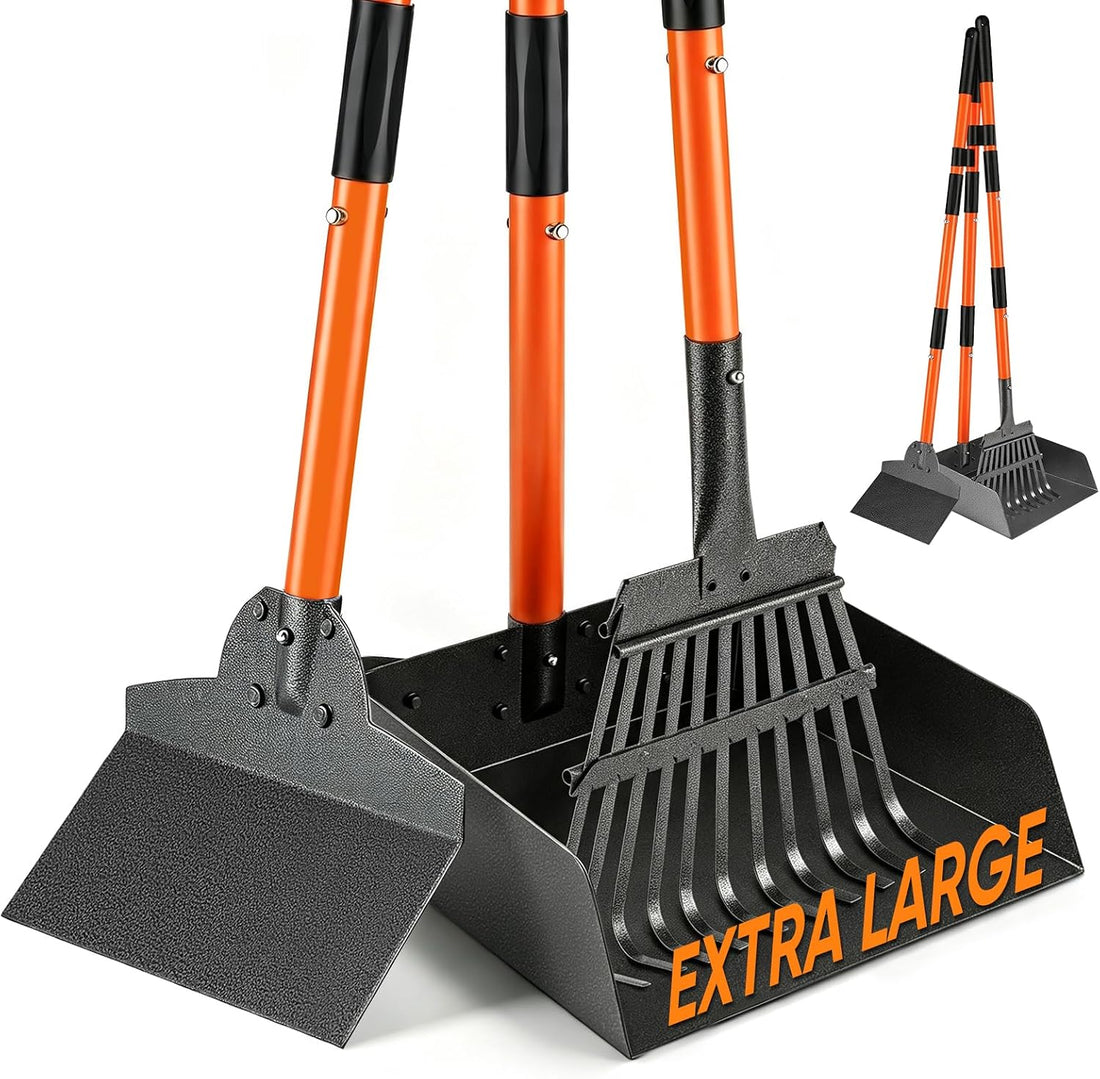 Pooper Scooper for Dogs, 38" Long Handle Metal, XL Tray, 3-Piece Set