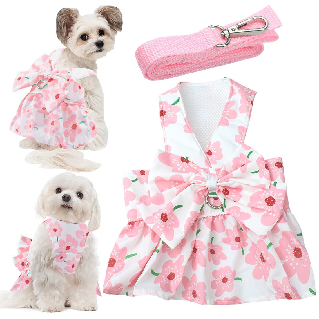 Dog Dress Bowknot Harness Leash Set for Small Girl Dogs Pink Floral
