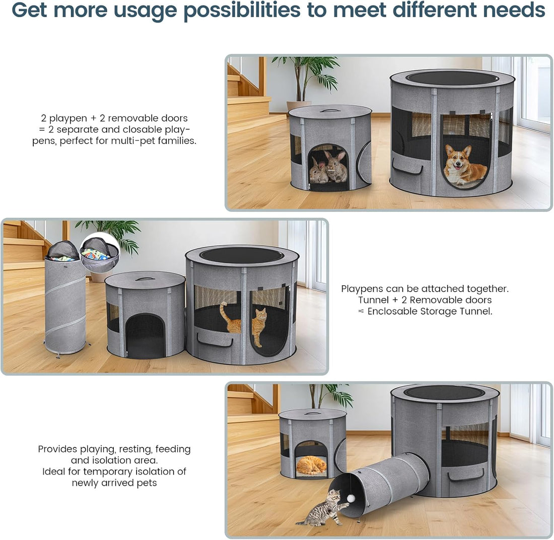Portable Cat Playpen with Tunnel, 3 in 1 Foldable Puppy Play Pen